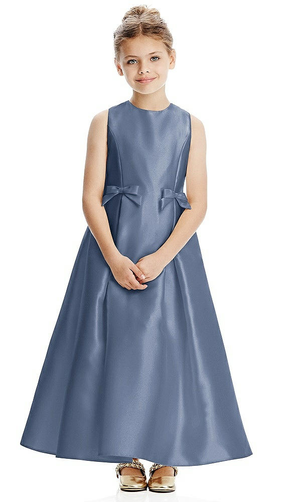 Front View - Larkspur Blue Princess Line Satin Twill Flower Girl Dress with Bows