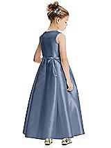 Rear View Thumbnail - Larkspur Blue Princess Line Satin Twill Flower Girl Dress with Bows