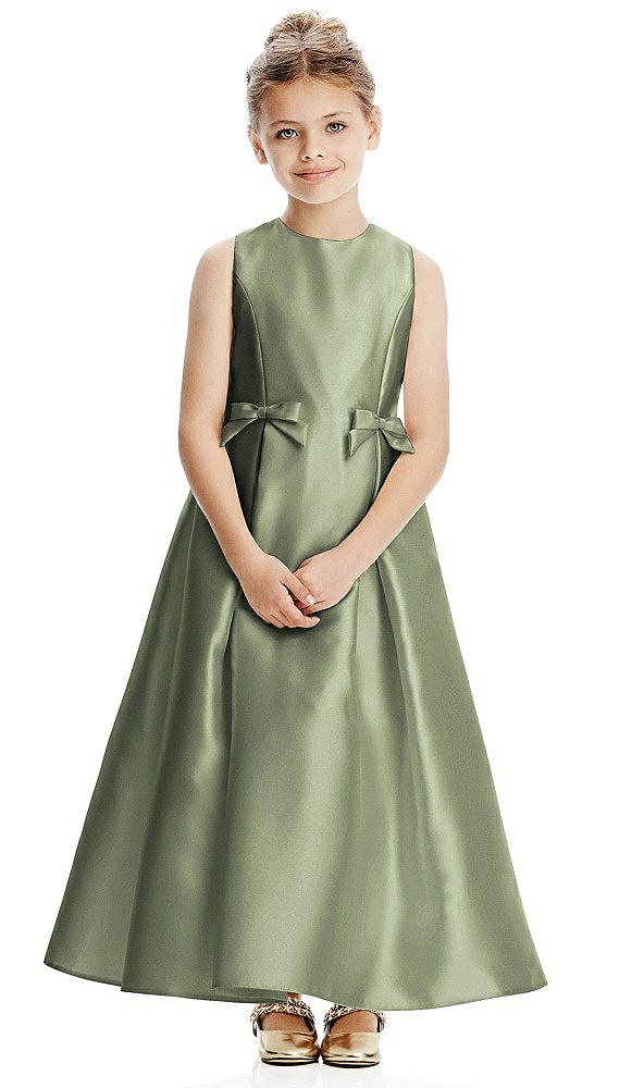 Front View - Sage Princess Line Satin Twill Flower Girl Dress with Bows