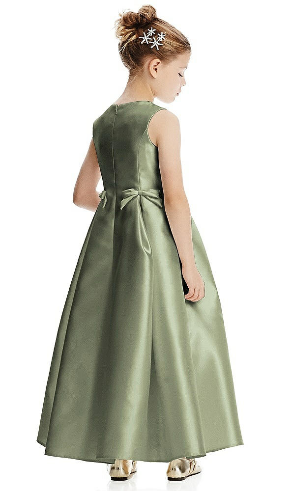 Back View - Sage Princess Line Satin Twill Flower Girl Dress with Bows