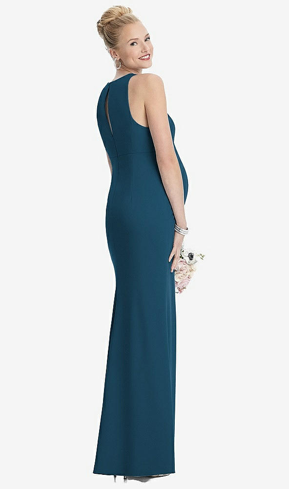 Back View - Atlantic Blue Sleeveless Halter Maternity Dress with Front Slit