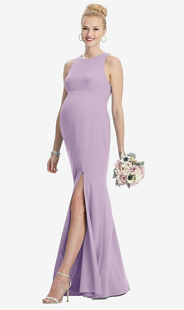 Front View - Pale Purple Sleeveless Halter Maternity Dress with Front Slit