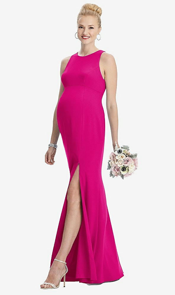 Front View - Think Pink Sleeveless Halter Maternity Dress with Front Slit