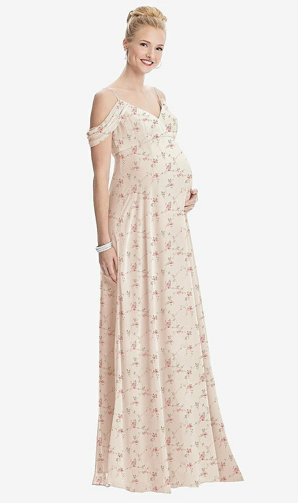 Front View - Coquette Floral Print Draped Cold-Shoulder Chiffon Maternity Dress