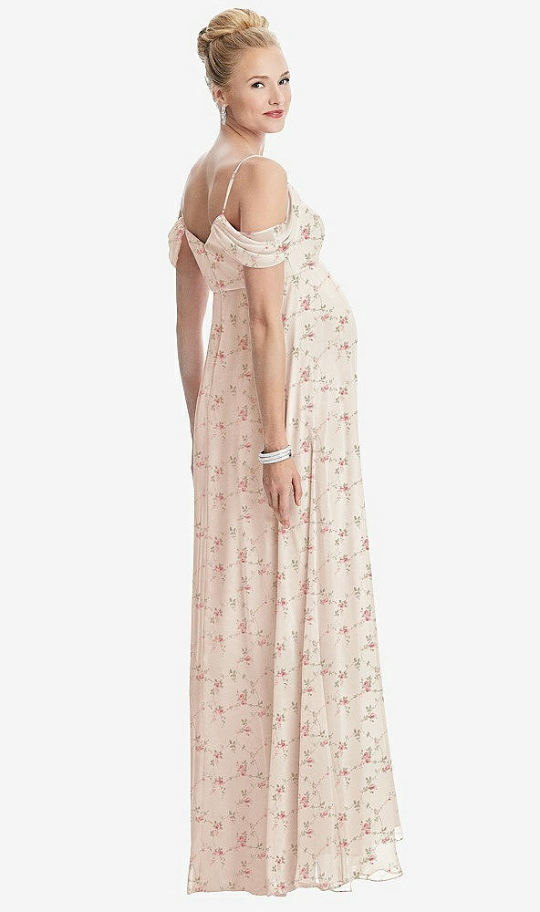 Back View - Coquette Floral Print Draped Cold-Shoulder Chiffon Maternity Dress