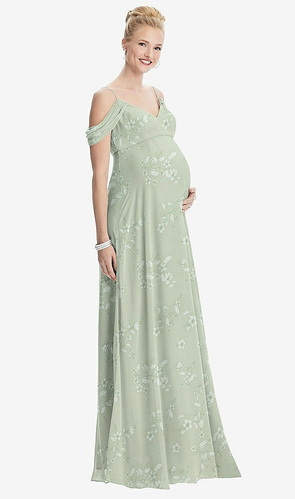 Front View - Vintage Primrose Sage Draped Cold-Shoulder Chiffon Maternity Dress