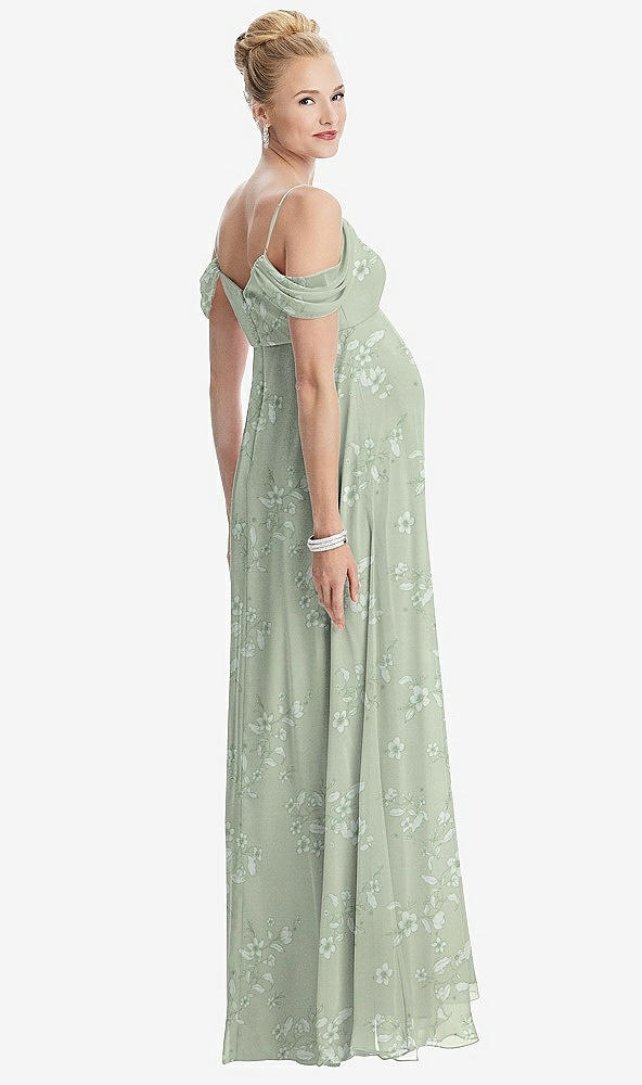 Back View - Vintage Primrose Sage Draped Cold-Shoulder Chiffon Maternity Dress