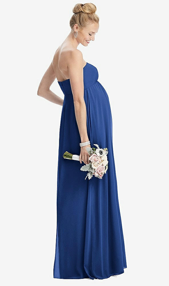 Back View - Classic Blue Strapless Chiffon Shirred Skirt Maternity Dress