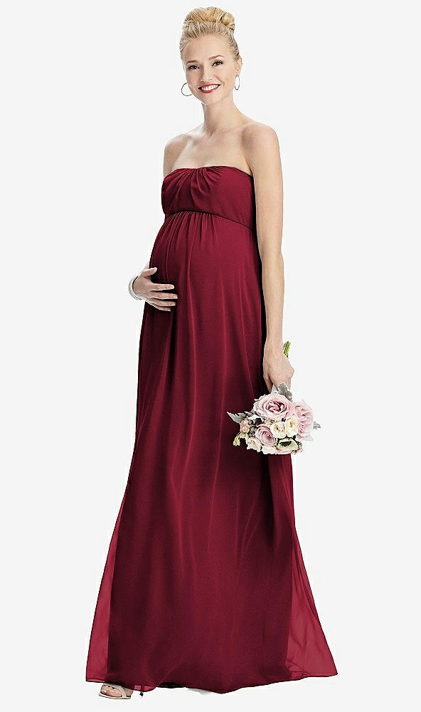 Front View - Burgundy Strapless Chiffon Shirred Skirt Maternity Dress