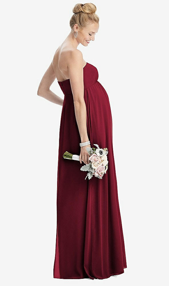 Back View - Burgundy Strapless Chiffon Shirred Skirt Maternity Dress