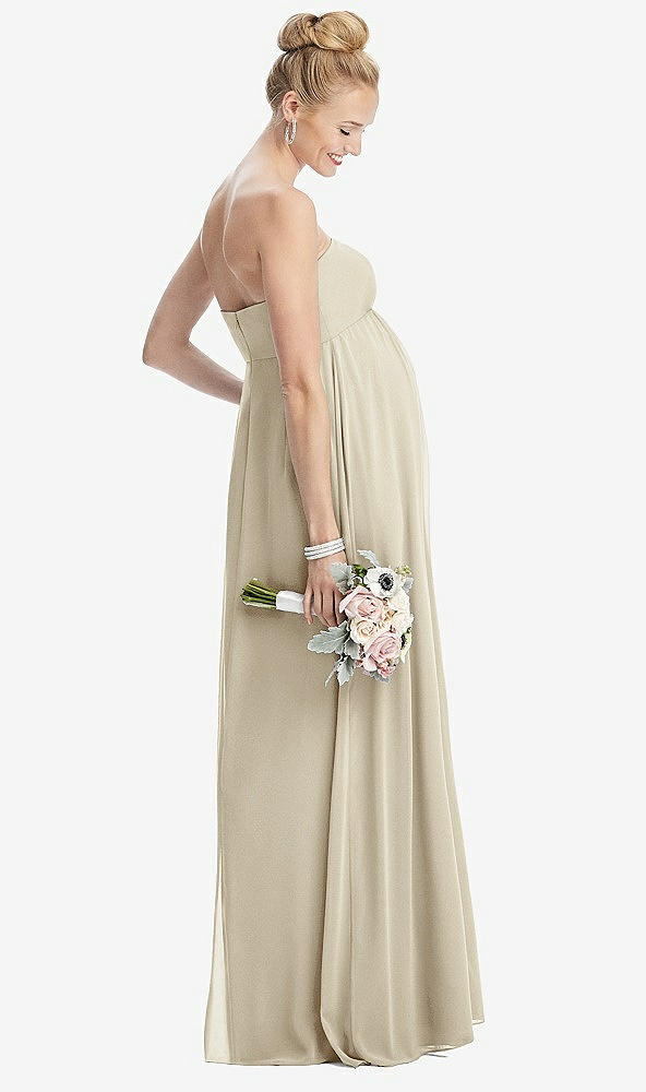 Back View - Champagne Strapless Chiffon Shirred Skirt Maternity Dress