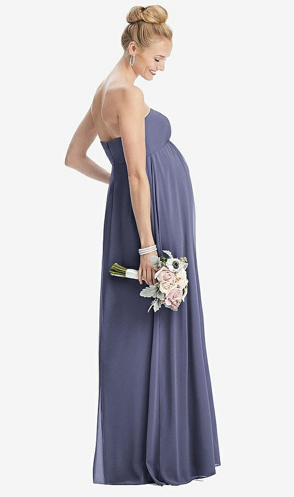 Back View - French Blue Strapless Chiffon Shirred Skirt Maternity Dress