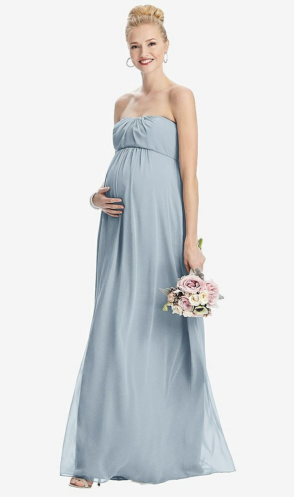 Front View - Mist Strapless Chiffon Shirred Skirt Maternity Dress