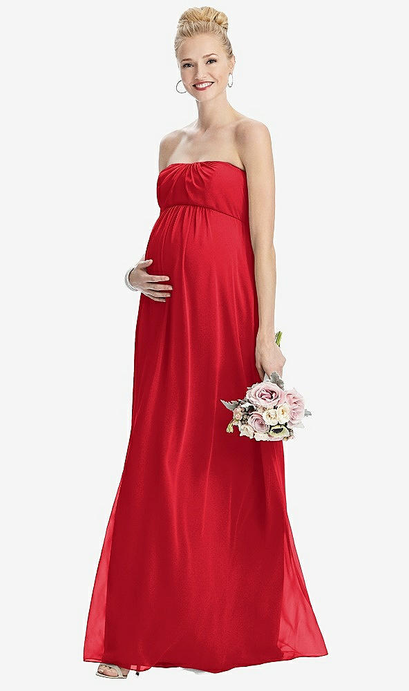 Front View - Parisian Red Strapless Chiffon Shirred Skirt Maternity Dress