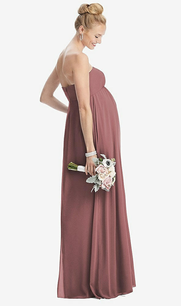 Back View - Rosewood Strapless Chiffon Shirred Skirt Maternity Dress