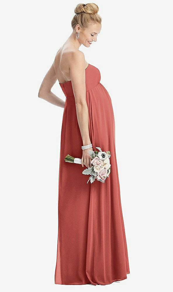 Back View - Coral Pink Strapless Chiffon Shirred Skirt Maternity Dress