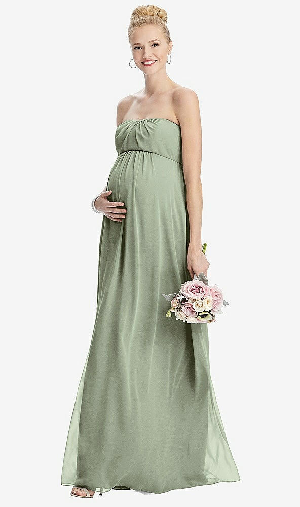 Front View - Sage Strapless Chiffon Shirred Skirt Maternity Dress