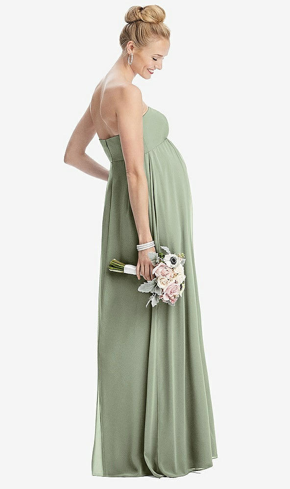 Back View - Sage Strapless Chiffon Shirred Skirt Maternity Dress