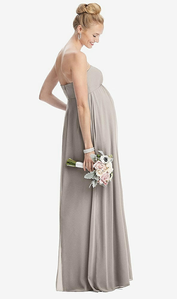 Back View - Taupe Strapless Chiffon Shirred Skirt Maternity Dress