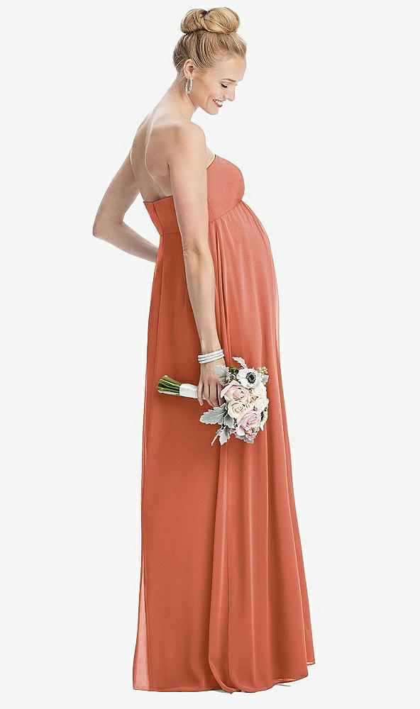 Back View - Terracotta Copper Strapless Chiffon Shirred Skirt Maternity Dress