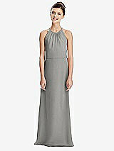 Rear View Thumbnail - Chelsea Gray Shirred Jewel Neck Chiffon Juniors Dress