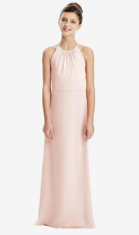 Back View - Blush Shirred Jewel Neck Chiffon Juniors Dress