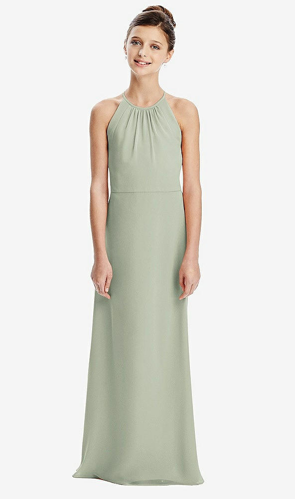 Back View - Celadon Shirred Jewel Neck Chiffon Juniors Dress