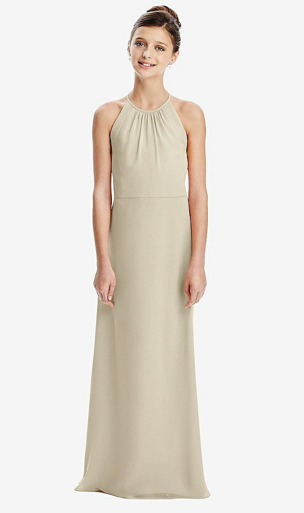 Back View - Champagne Shirred Jewel Neck Chiffon Juniors Dress