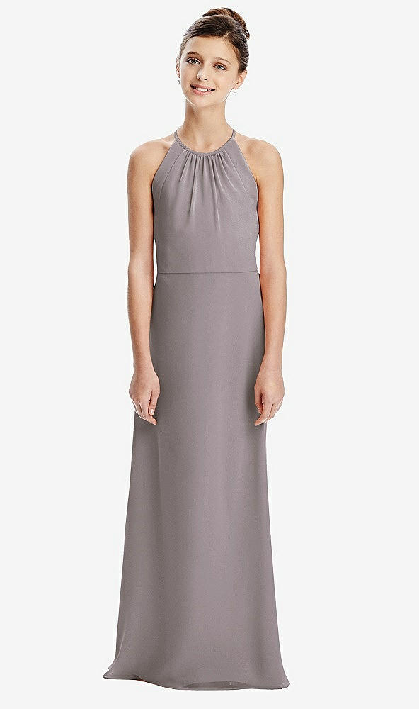 Back View - Cashmere Gray Shirred Jewel Neck Chiffon Juniors Dress