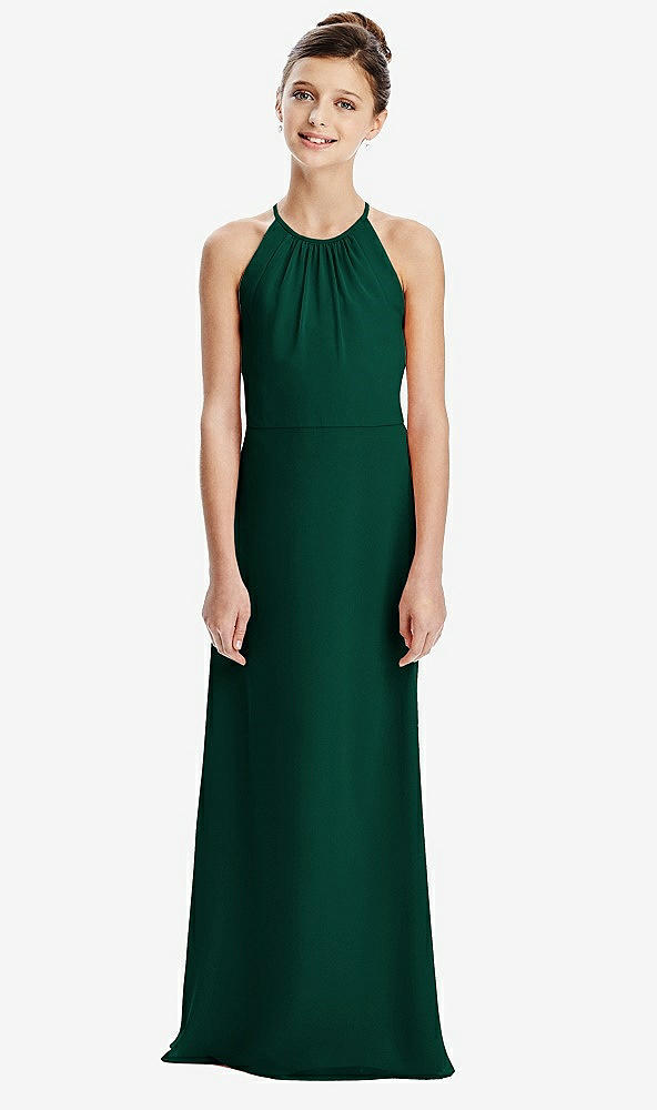 Back View - Hunter Green Shirred Jewel Neck Chiffon Juniors Dress