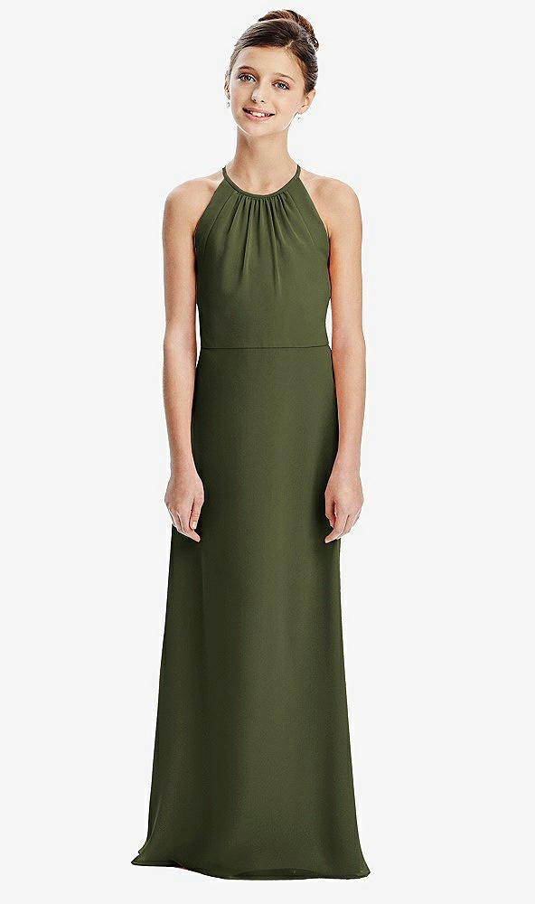 Back View - Olive Green Shirred Jewel Neck Chiffon Juniors Dress