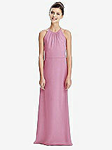 Rear View Thumbnail - Powder Pink Shirred Jewel Neck Chiffon Juniors Dress