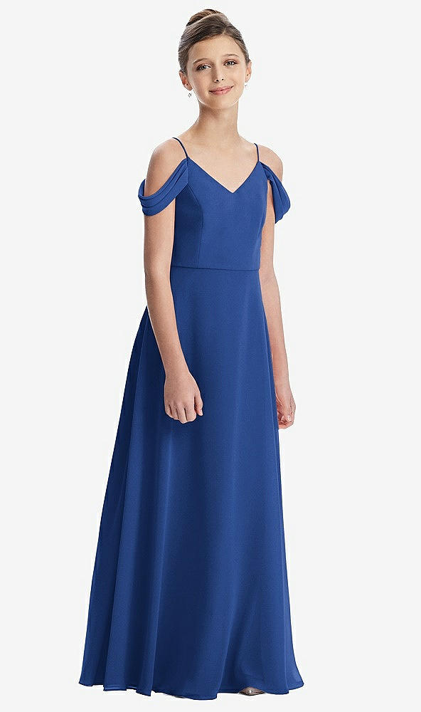 Front View - Classic Blue Draped Cold Shoulder Chiffon Juniors Dress