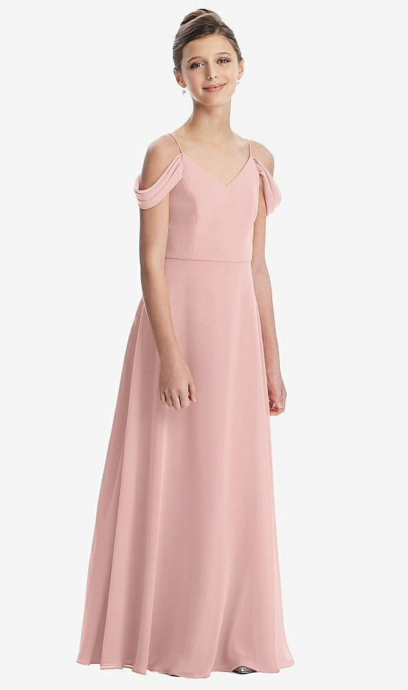 Front View - Rose - PANTONE Rose Quartz Draped Cold Shoulder Chiffon Juniors Dress