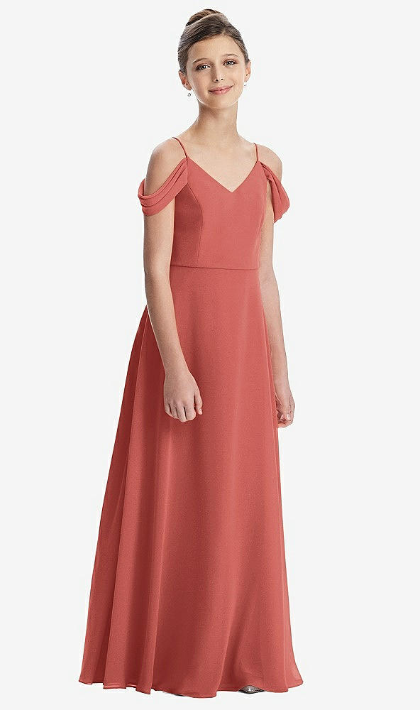 Front View - Coral Pink Draped Cold Shoulder Chiffon Juniors Dress