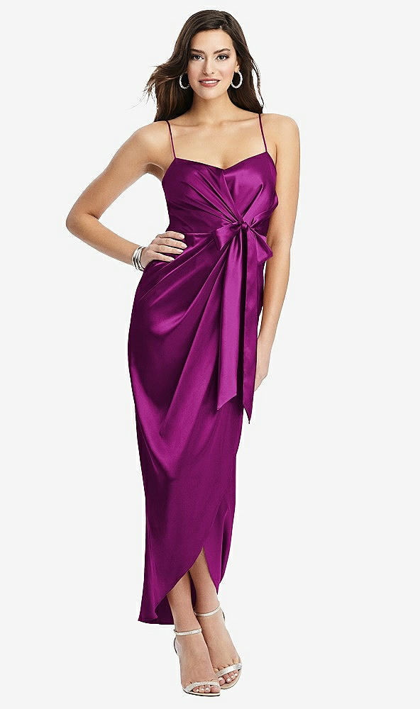 Front View - Persian Plum Faux Wrap Midi Dress with Draped Tulip Skirt