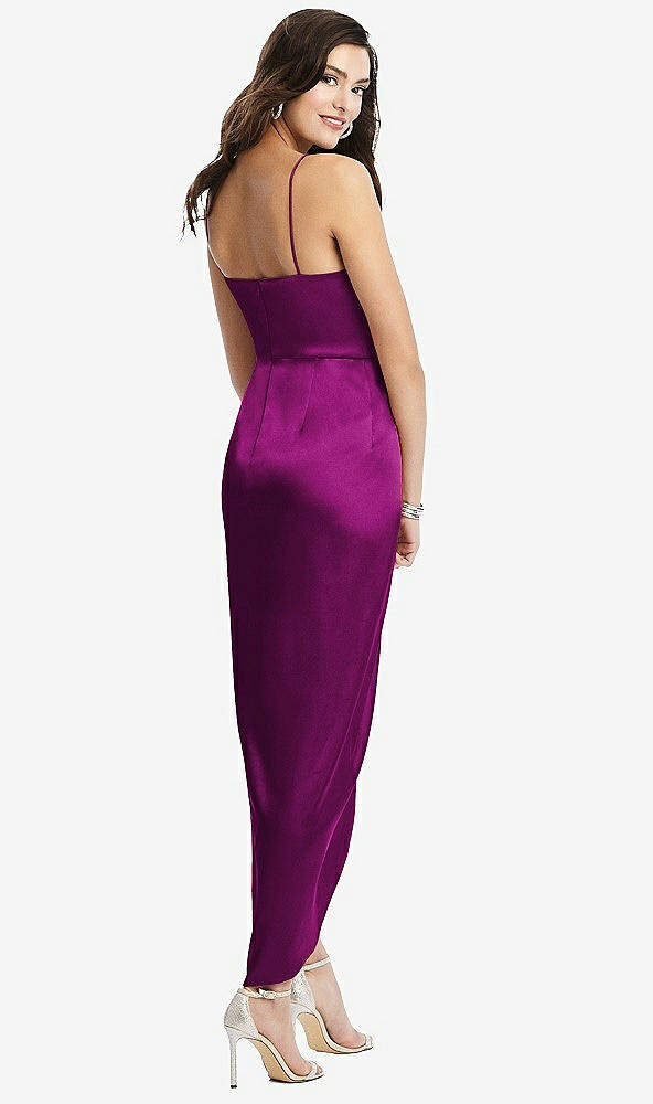 Back View - Persian Plum Faux Wrap Midi Dress with Draped Tulip Skirt