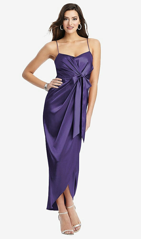 Front View - Regalia - PANTONE Ultra Violet Faux Wrap Midi Dress with Draped Tulip Skirt