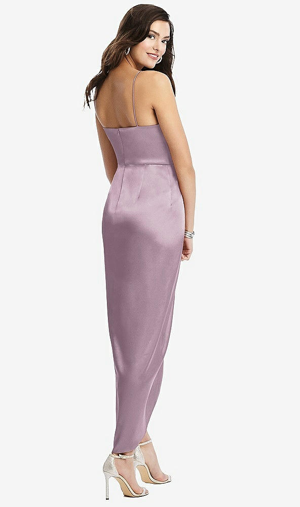 Back View - Suede Rose Faux Wrap Midi Dress with Draped Tulip Skirt