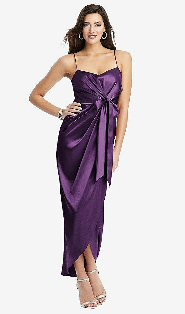 Front View - African Violet Faux Wrap Midi Dress with Draped Tulip Skirt