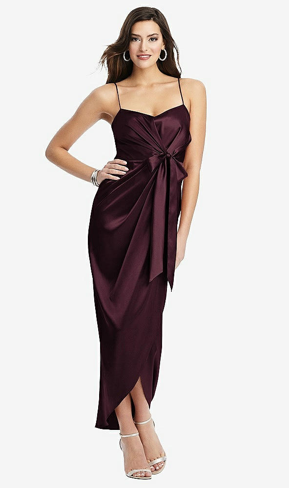 Front View - Bordeaux Faux Wrap Midi Dress with Draped Tulip Skirt