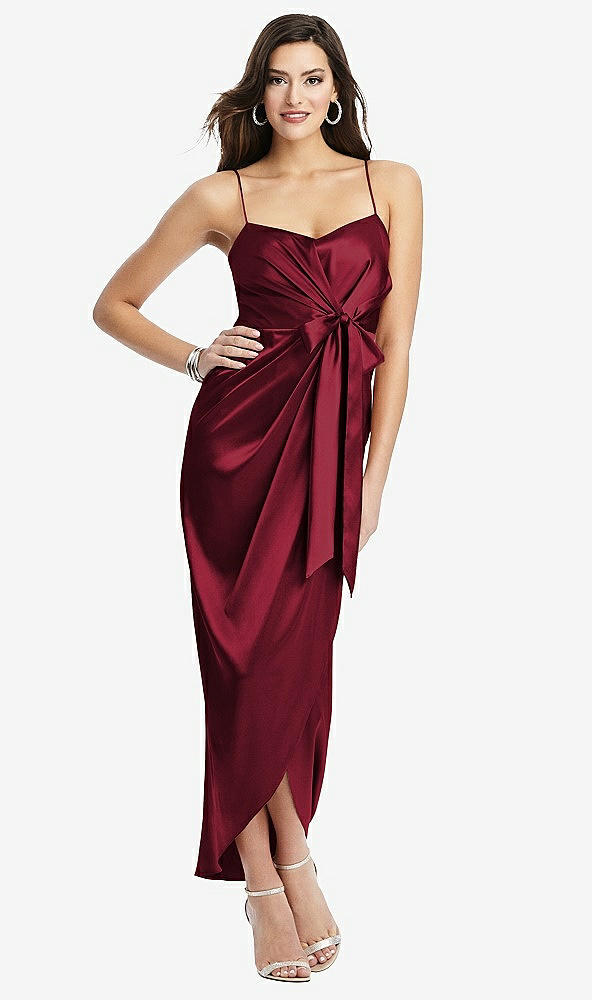 Front View - Burgundy Faux Wrap Midi Dress with Draped Tulip Skirt