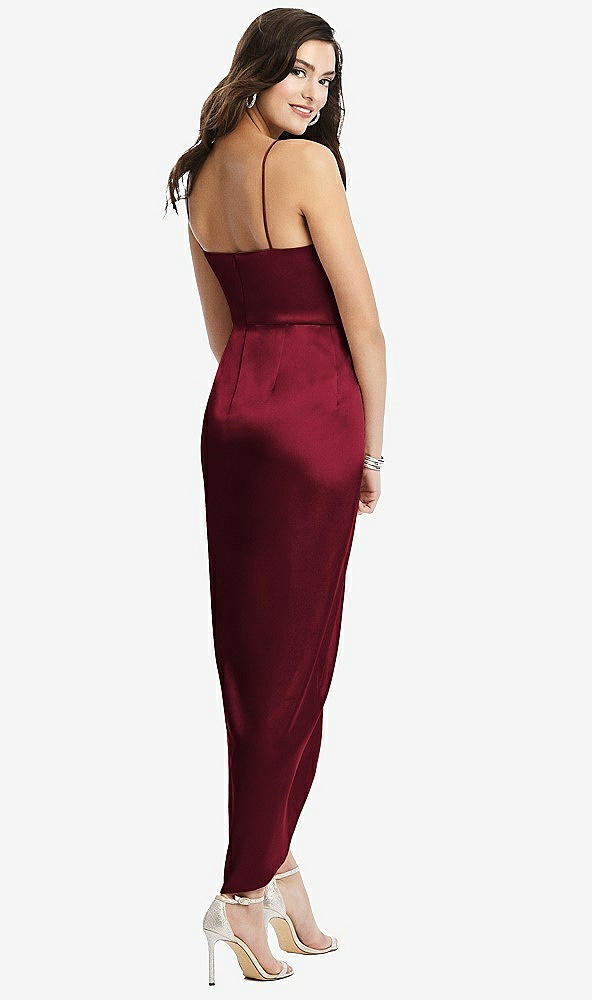 Back View - Burgundy Faux Wrap Midi Dress with Draped Tulip Skirt