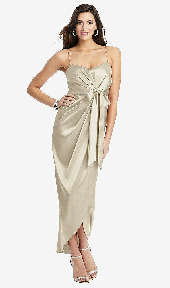 Front View - Champagne Faux Wrap Midi Dress with Draped Tulip Skirt