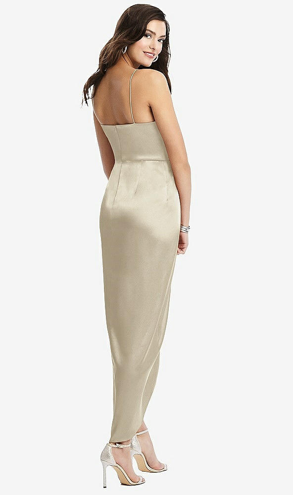 Back View - Champagne Faux Wrap Midi Dress with Draped Tulip Skirt