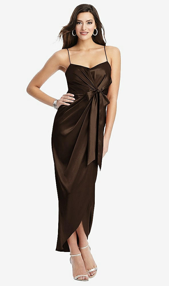 Front View - Espresso Faux Wrap Midi Dress with Draped Tulip Skirt