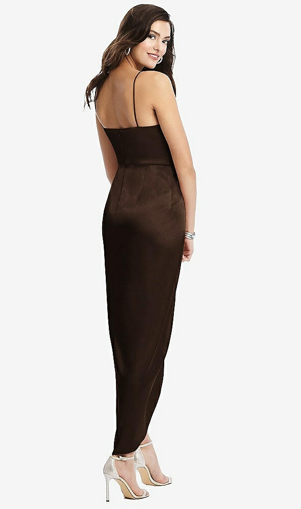 Back View - Espresso Faux Wrap Midi Dress with Draped Tulip Skirt