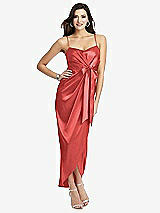 Front View Thumbnail - Perfect Coral Faux Wrap Midi Dress with Draped Tulip Skirt