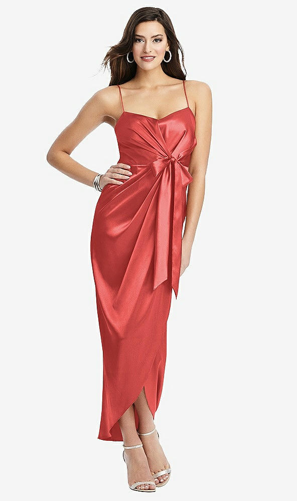 Front View - Perfect Coral Faux Wrap Midi Dress with Draped Tulip Skirt