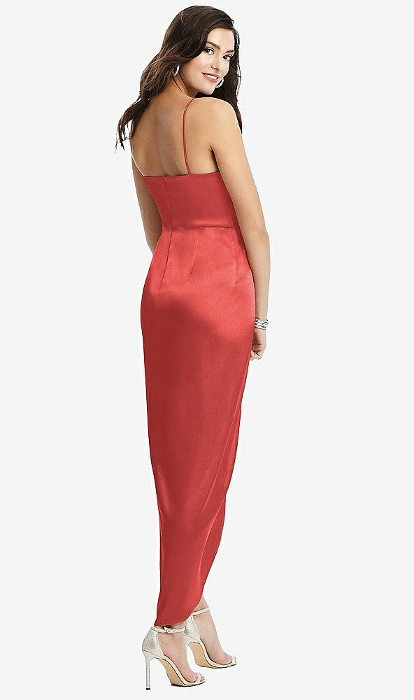 Back View - Perfect Coral Faux Wrap Midi Dress with Draped Tulip Skirt